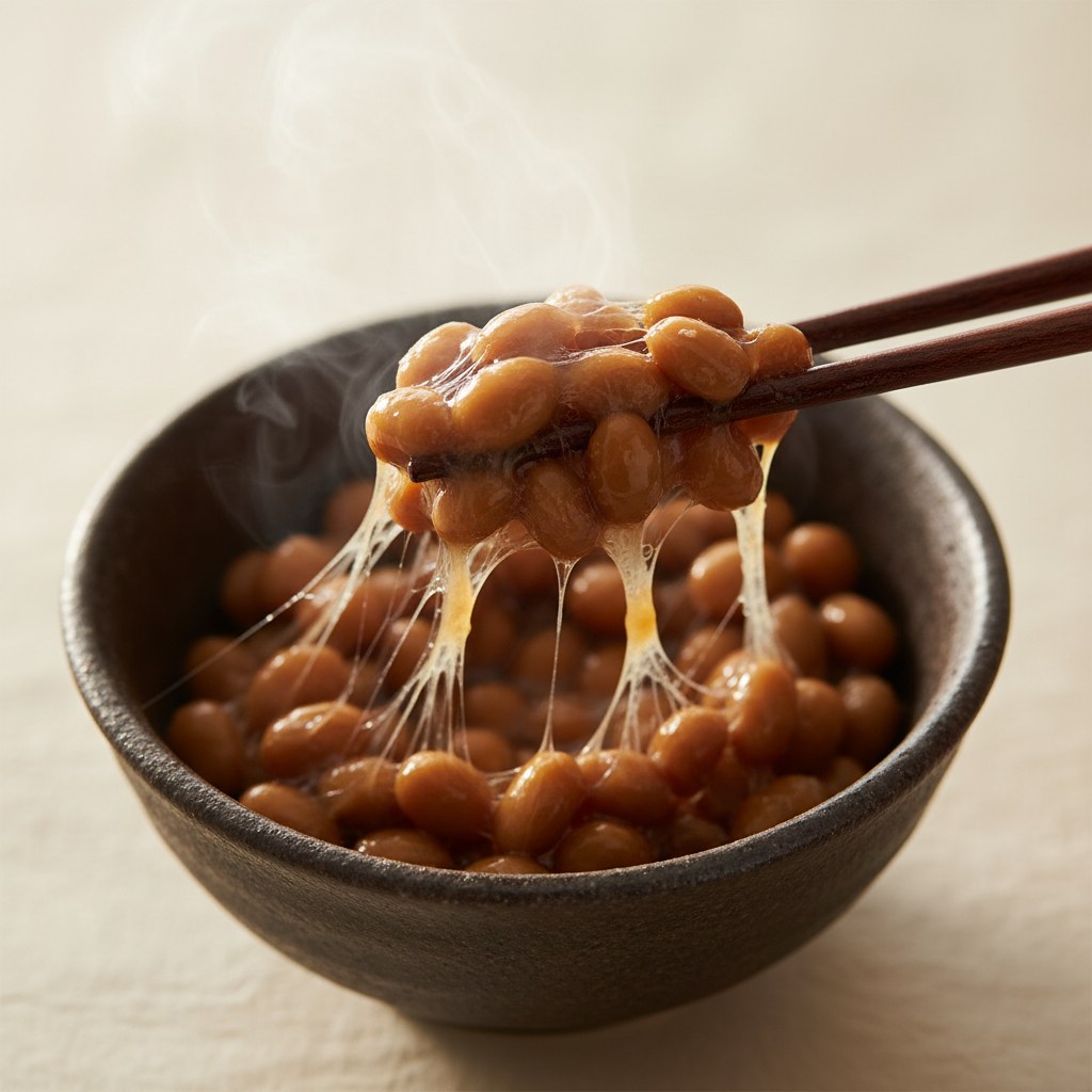 納豆の入った茶碗 — 撲滅対象として朱色の X で打ち消された写真